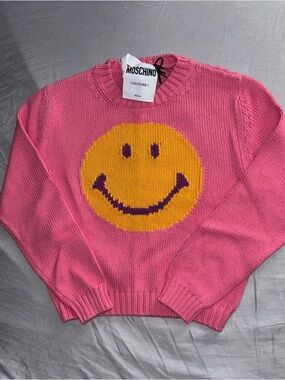 Moschino Pink Crewneck Sweater with Yellow Smiley